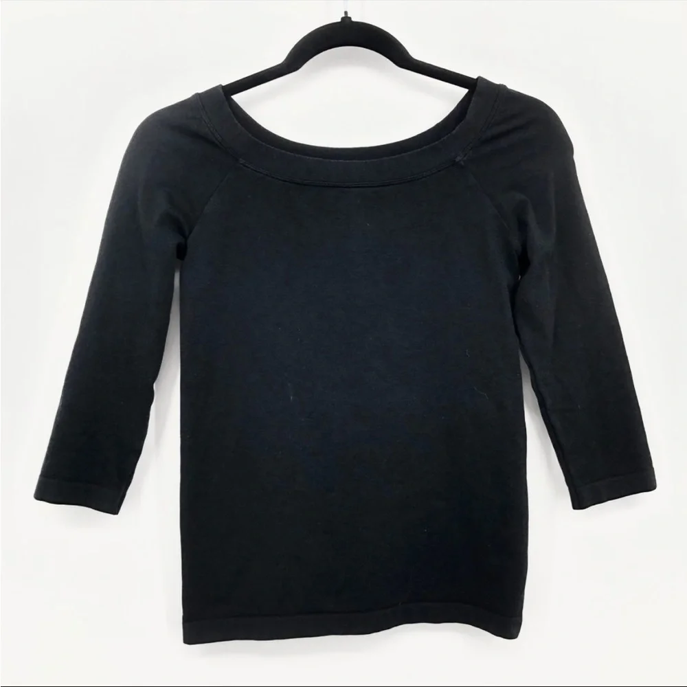 Wolford Women's Black Cotton Stretch Boat Neck Top Small 3/4 Sleeve Pullover